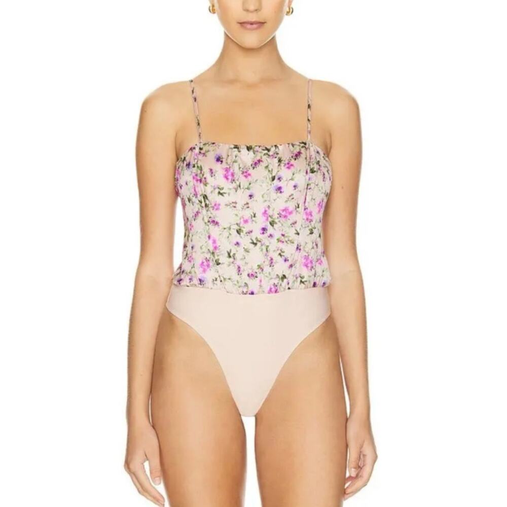 Cami NYC Tamara Satin Corset Bodysuit Spring Geranium Floral 0 XS